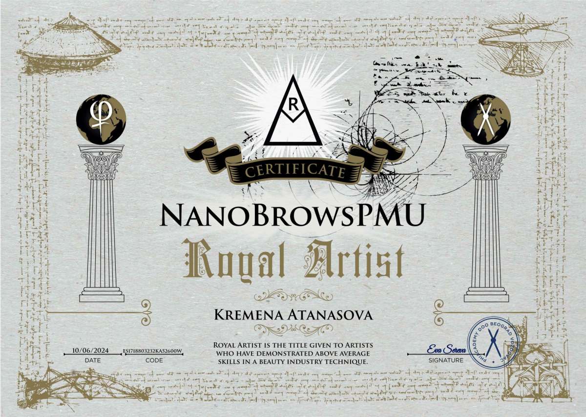 PhiAcademy сертификат — NanoBrows PMU, Royal Artist